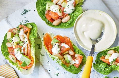 Image of "Smoked salmon, grapefruit and avocado lettuce cups"