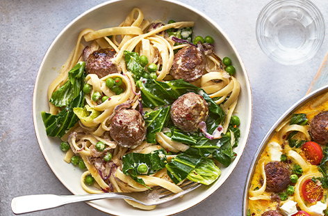 Image of "Creamy meatball and greens pasta"