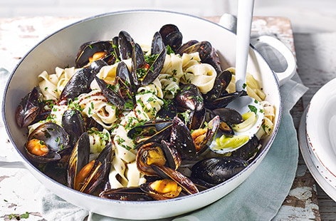 Image of "One-pot cider mussels with leeks and tagliatelle"