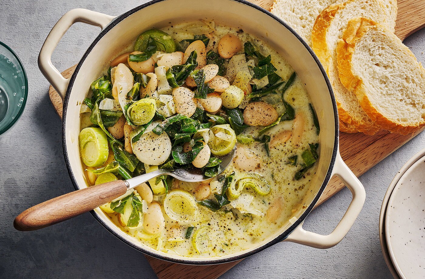 Creamy greens, pesto and butter bean stew