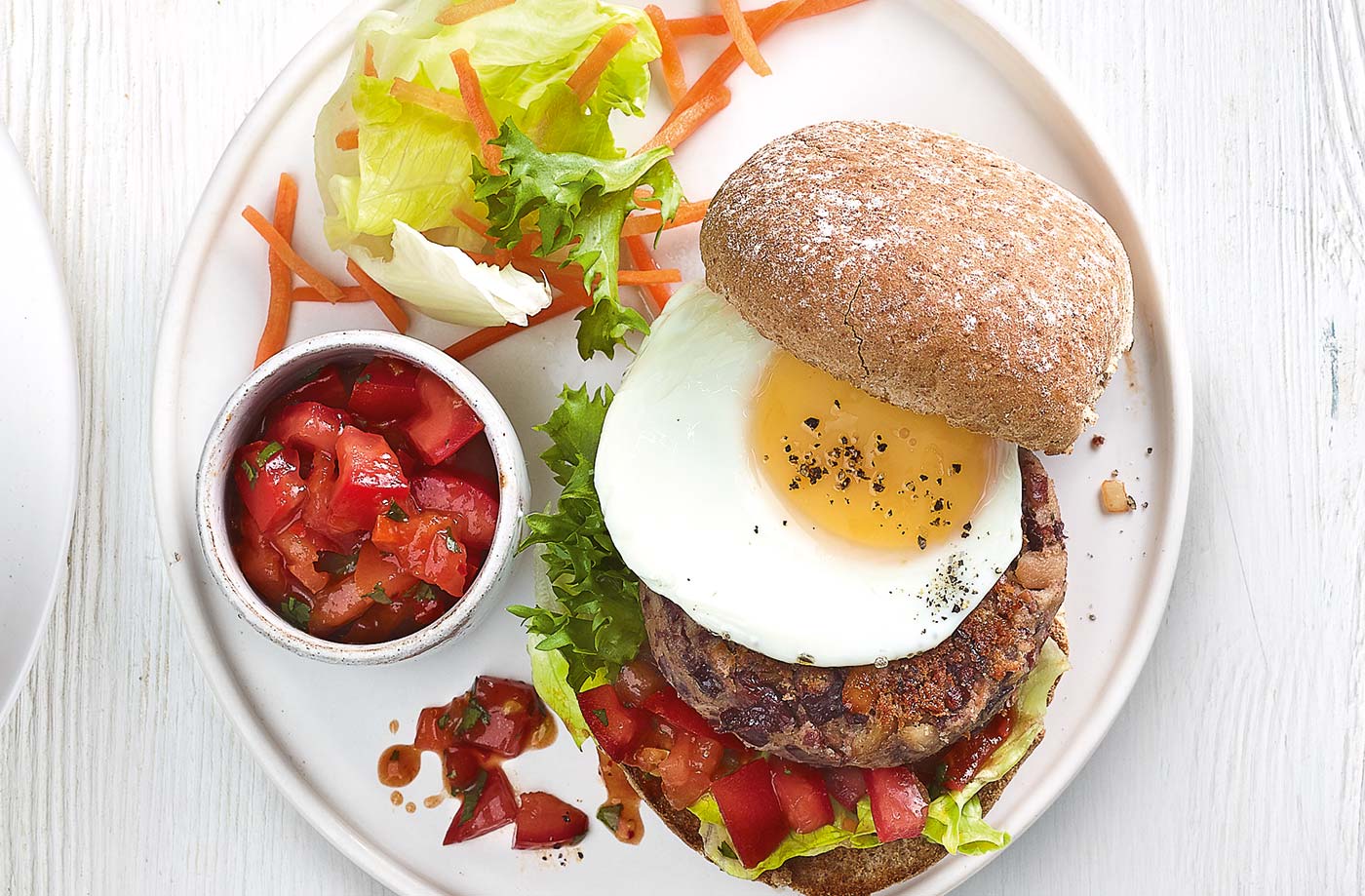 Egg-topped veggie bean burgers