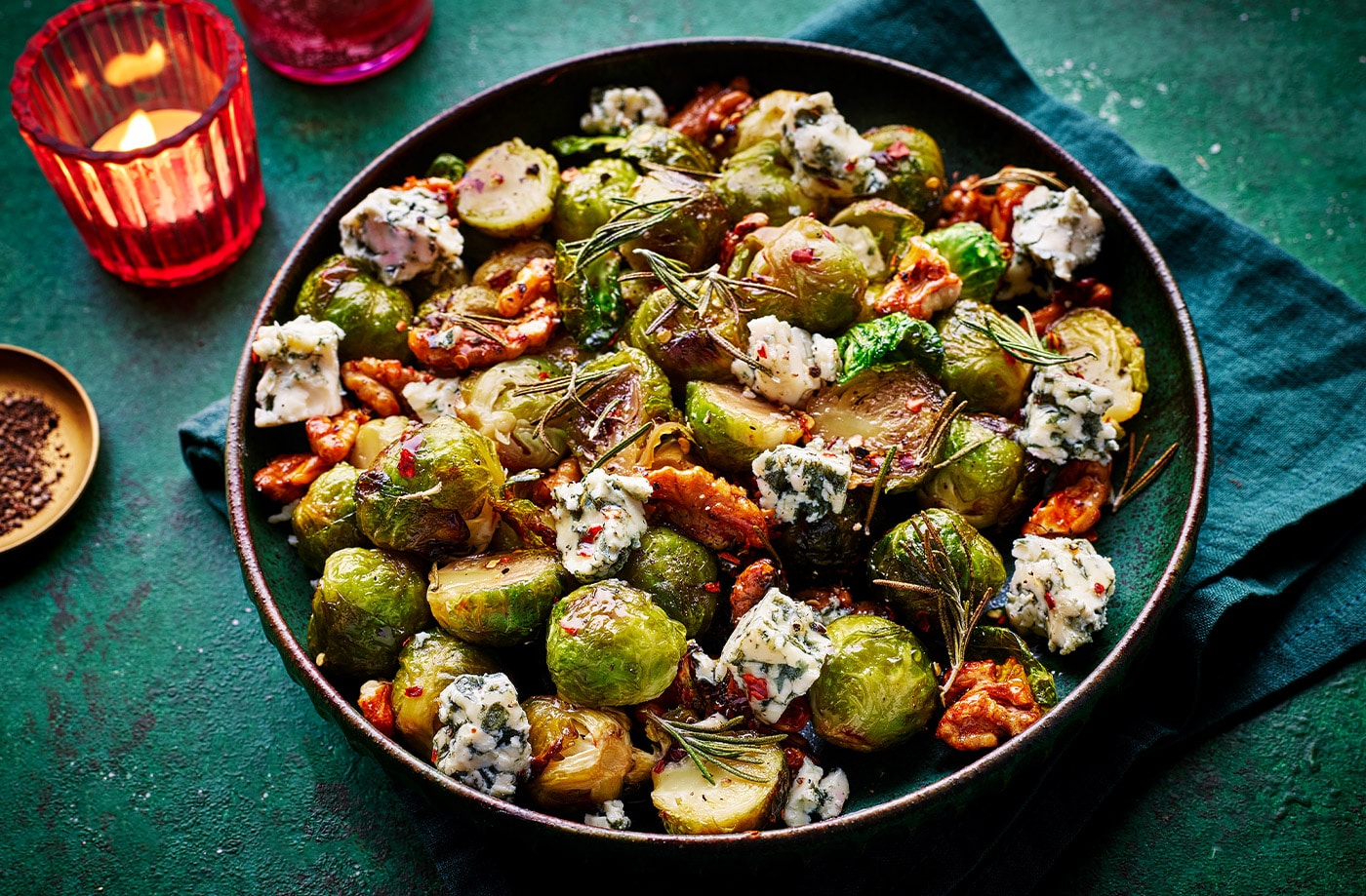 Roasted sprouts with blue cheese, chilli and honey
