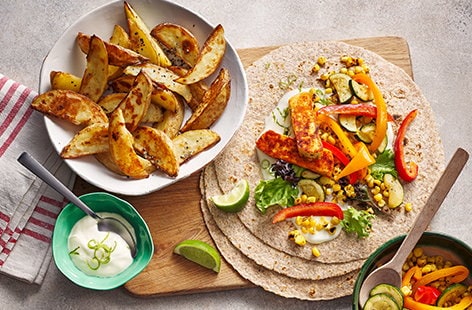 Image of "Charred sweetcorn, pepper and halloumi wraps"