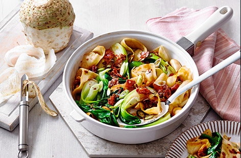 Image of "Celeriac 'noodles' with XO chilli sauce"