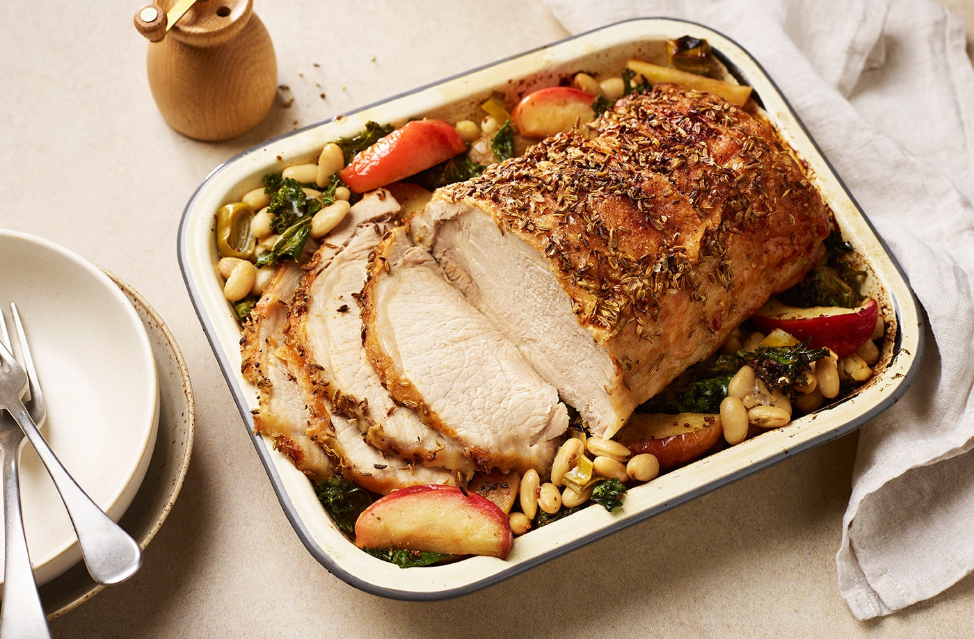 Roast pork and bean traybake