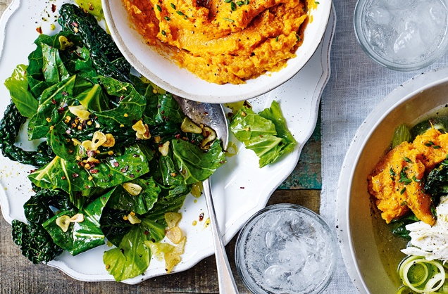 Stir-fried greens with garlic chips and chilli