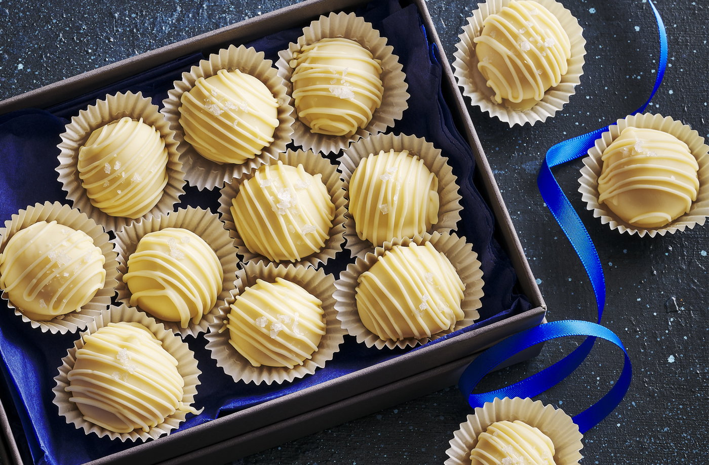 Boozy white chocolate and salted caramel truffles
