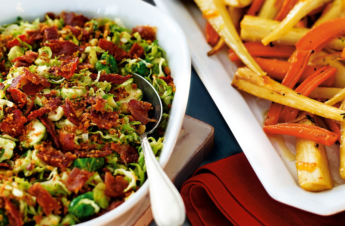 Shredded sprouts with lemon and bacon crumble
