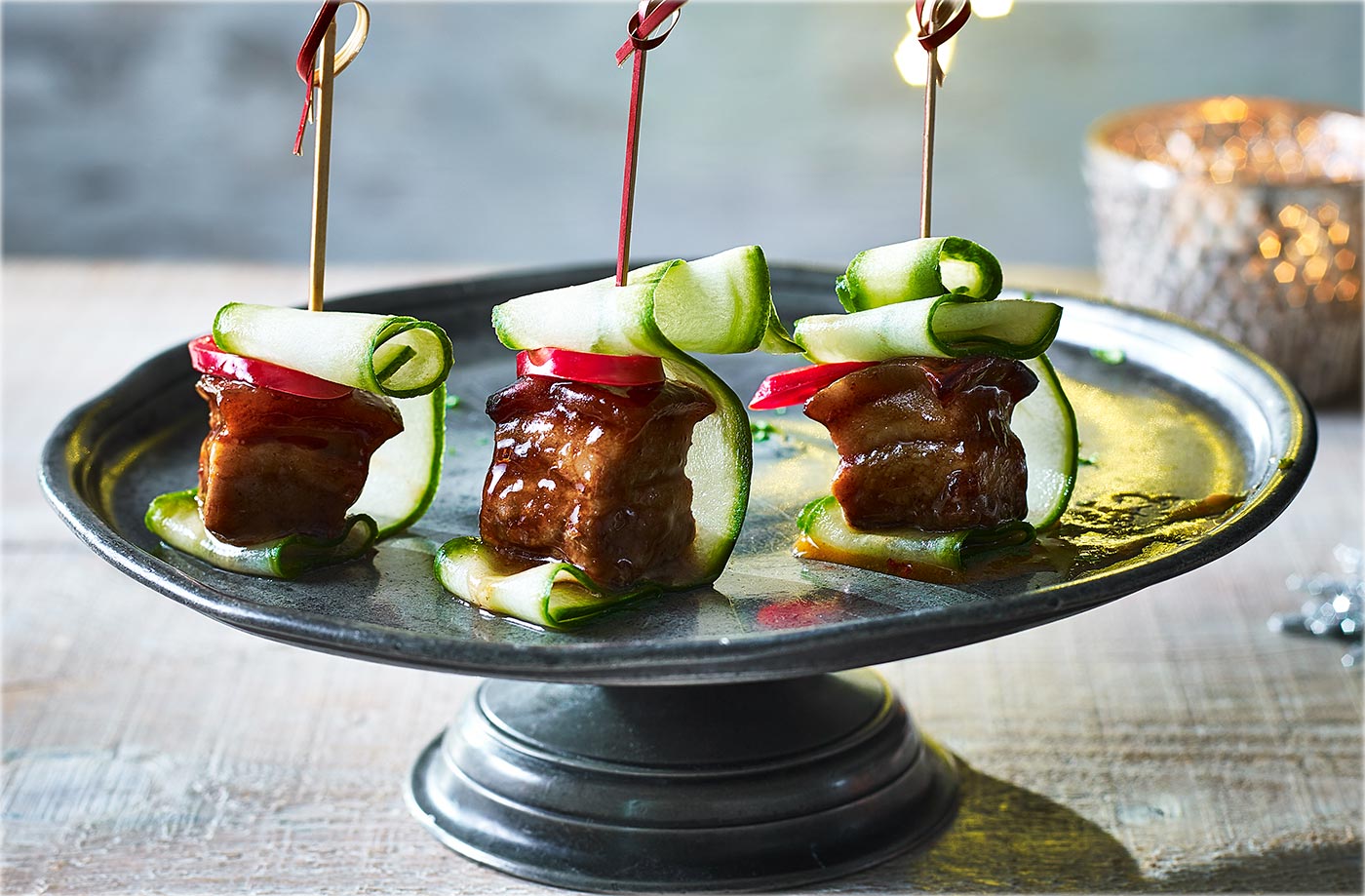 Sticky pork belly skewers
