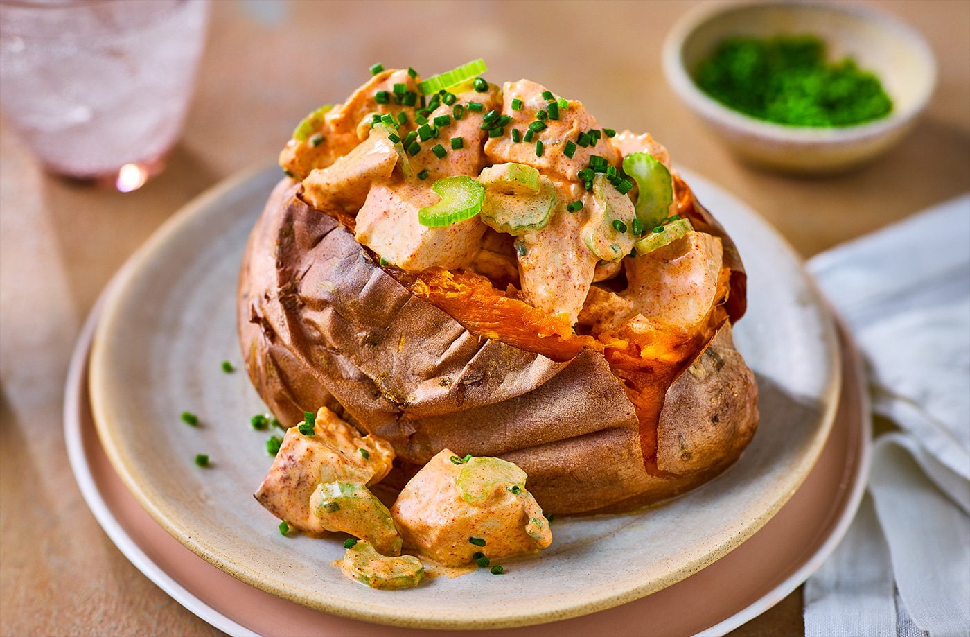 Buffalo-style chicken sweet potatoes