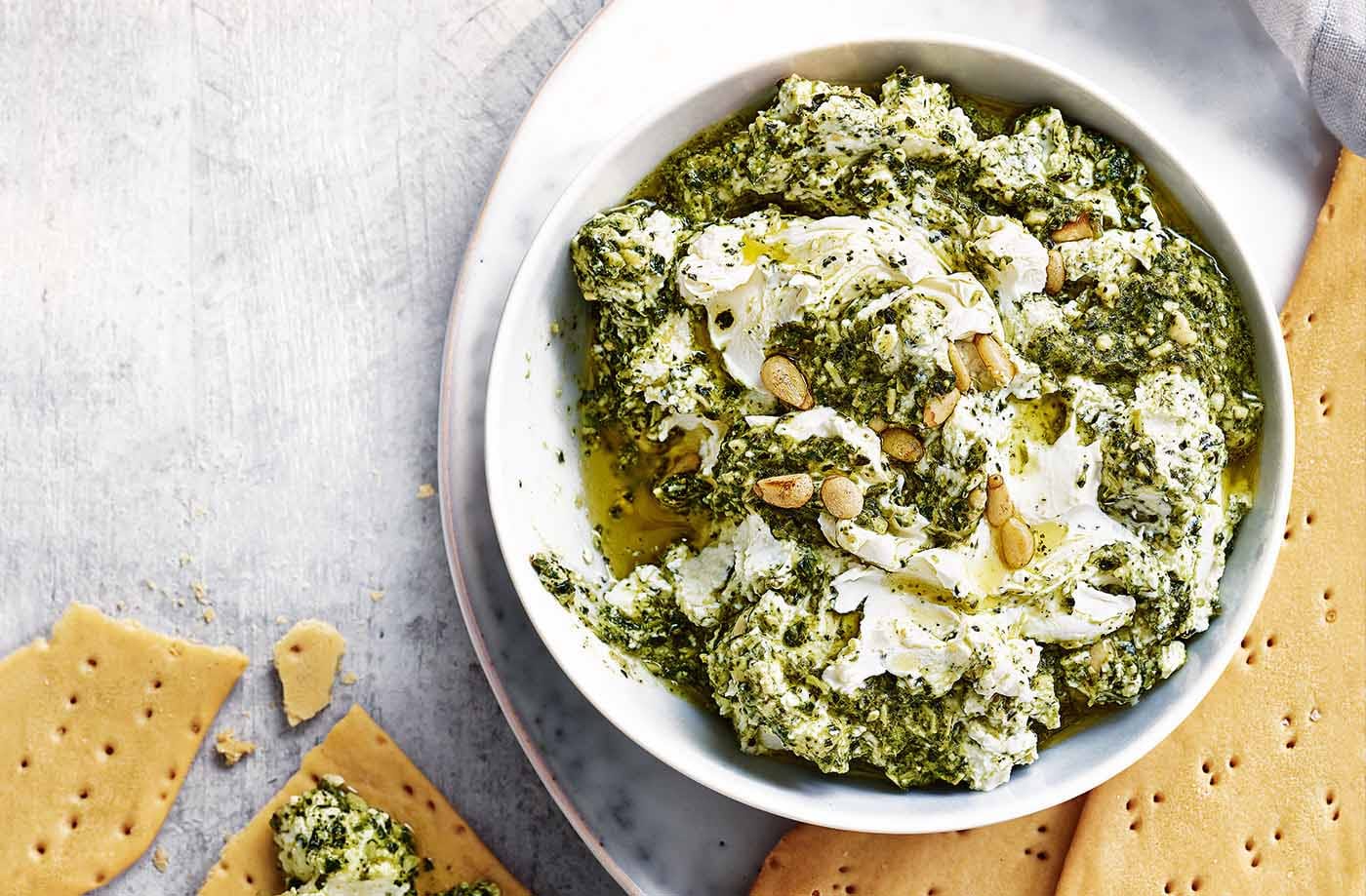 Creamy feta and pesto dip