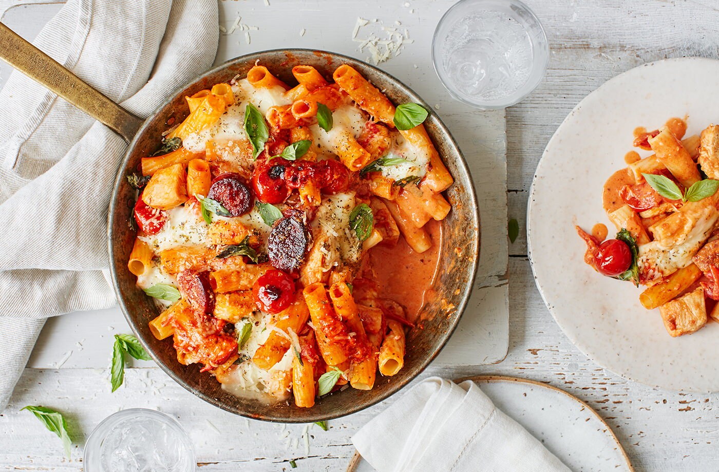 Creamy chicken and chorizo pasta bake 