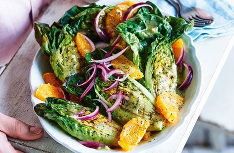 Image of "Charred baby gem and orange salad with mustard and poppy seed dressing"