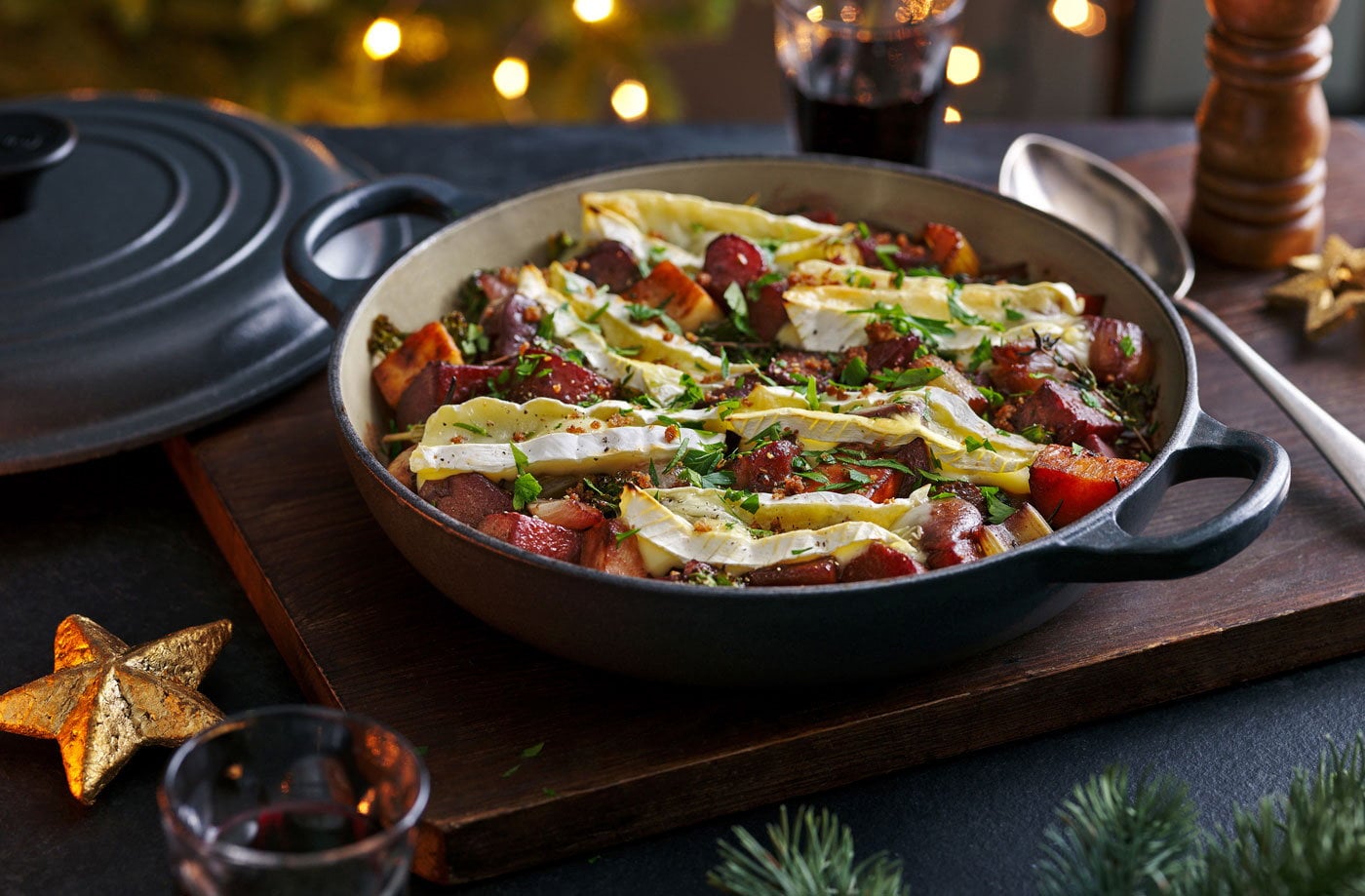 Brie-topped root veg bake