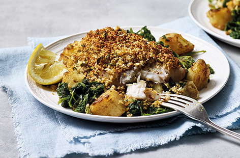 Image of "Coconut-crusted fish with saag aloo"