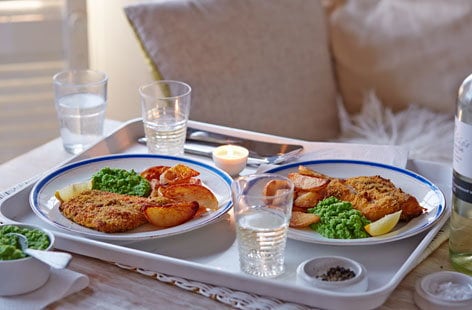 Image of "Masala fish and chips with mushy peas"