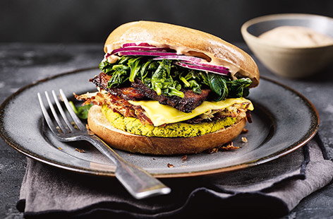Image of "Tofu 'bacon' & hash-brown breakfast bagel"
