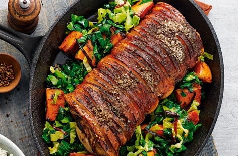 Image of "Spiced roast loin of pork with soy squash and greens"