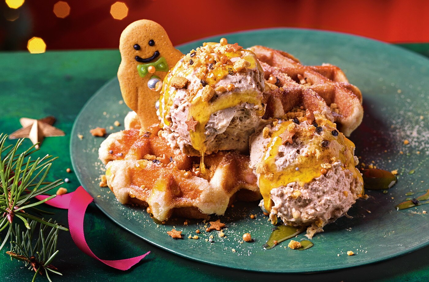 Waffles with no-churn gingerbread latte ice cream