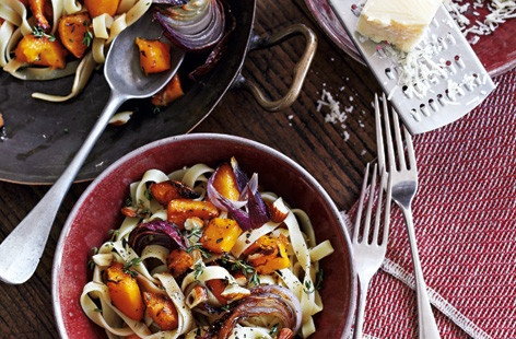 Image of "Roasted squash, almond and onion tagliatelle"