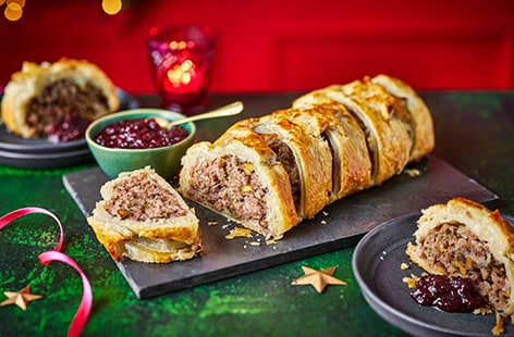 Image of "Sausage and chestnut plait with cranberry ketchup"