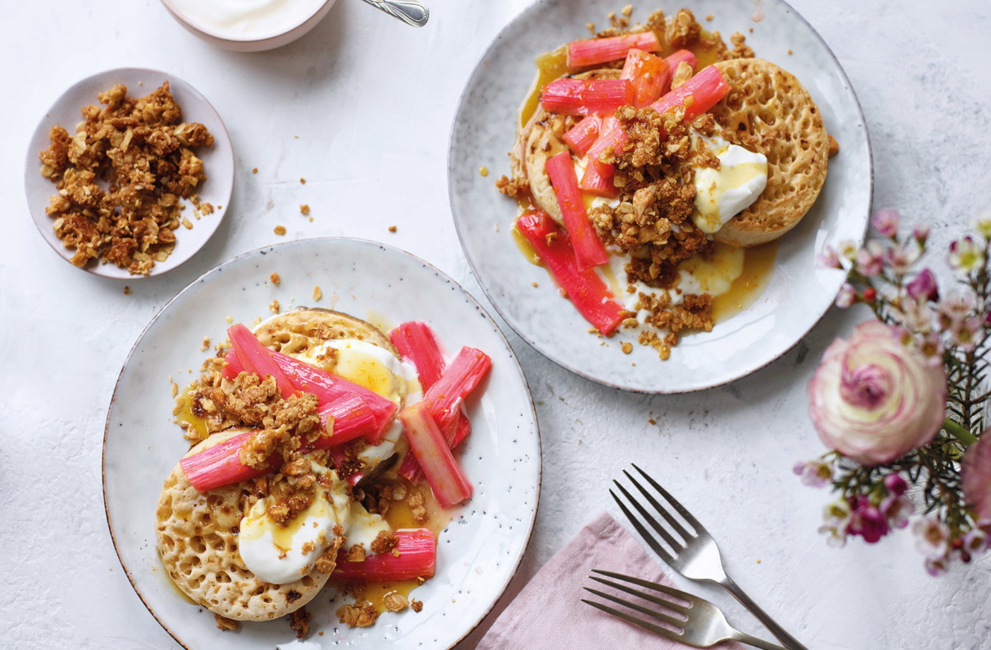 Rhubarb crumble crumpets