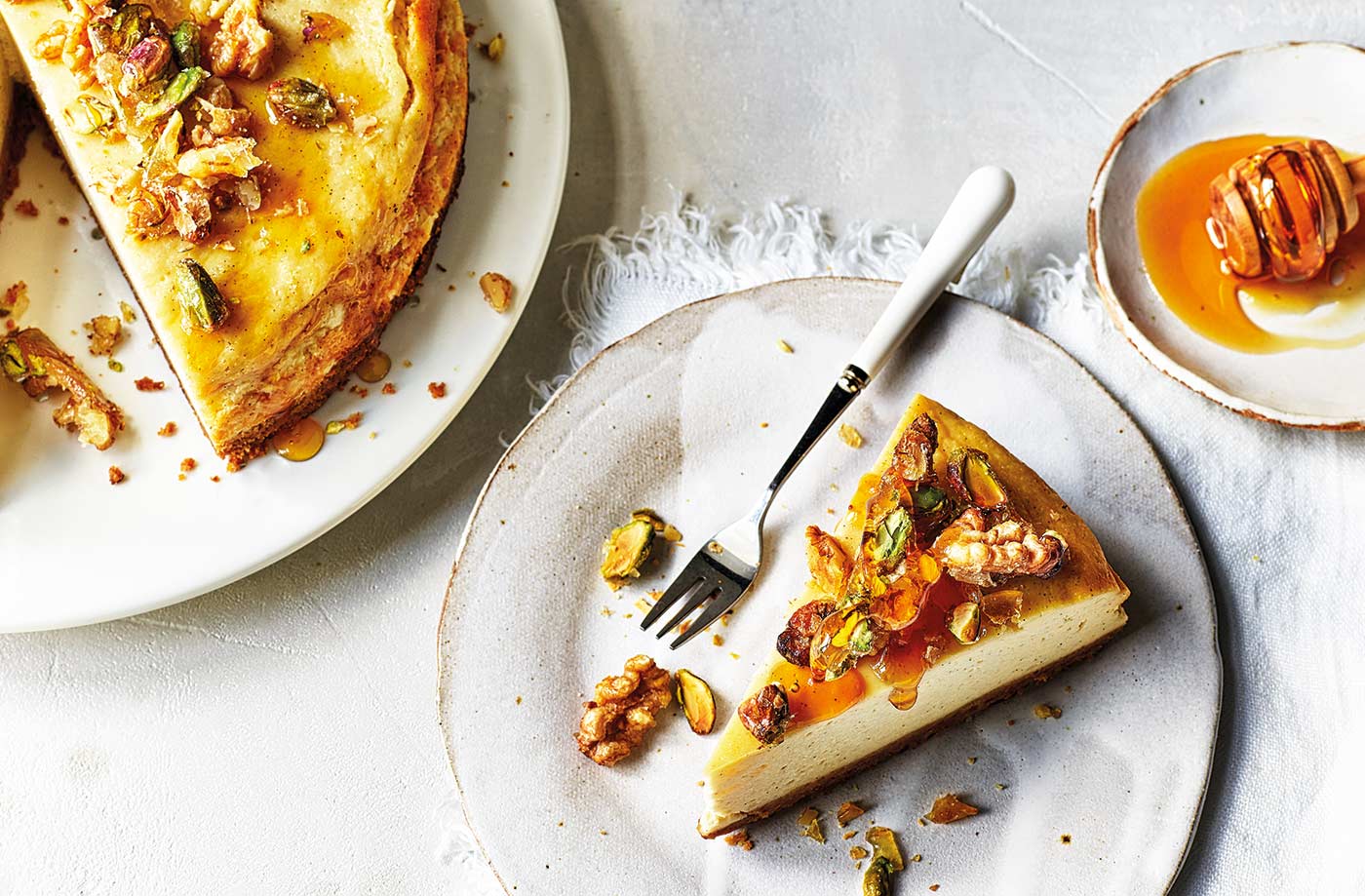 Baked fig, honey and walnut cheesecake