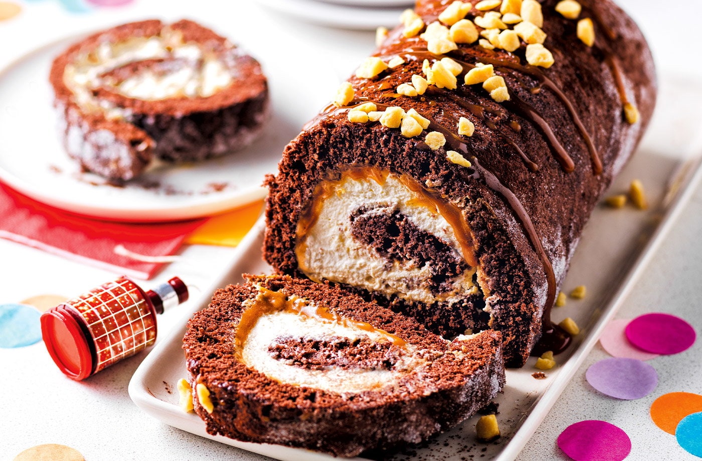 Chocolate and whipped caramel Swiss roll