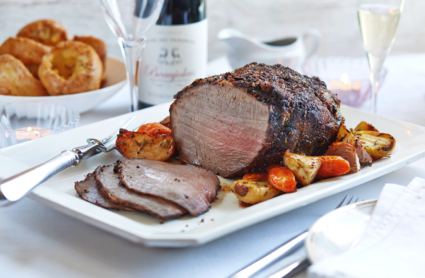 Mustard roast beef with herby Yorkshires 
