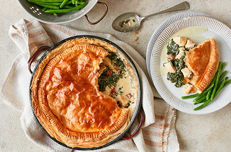 Image of "Creamy chicken, chorizo and spinach pie"