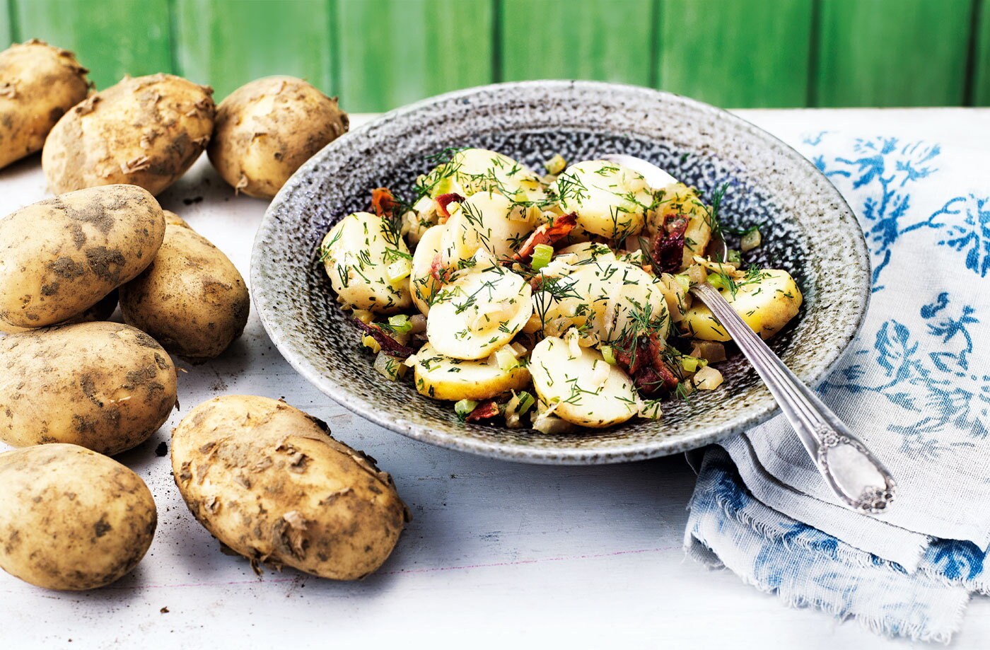 Jersey Royal potato salad with celery, fennel and pancetta