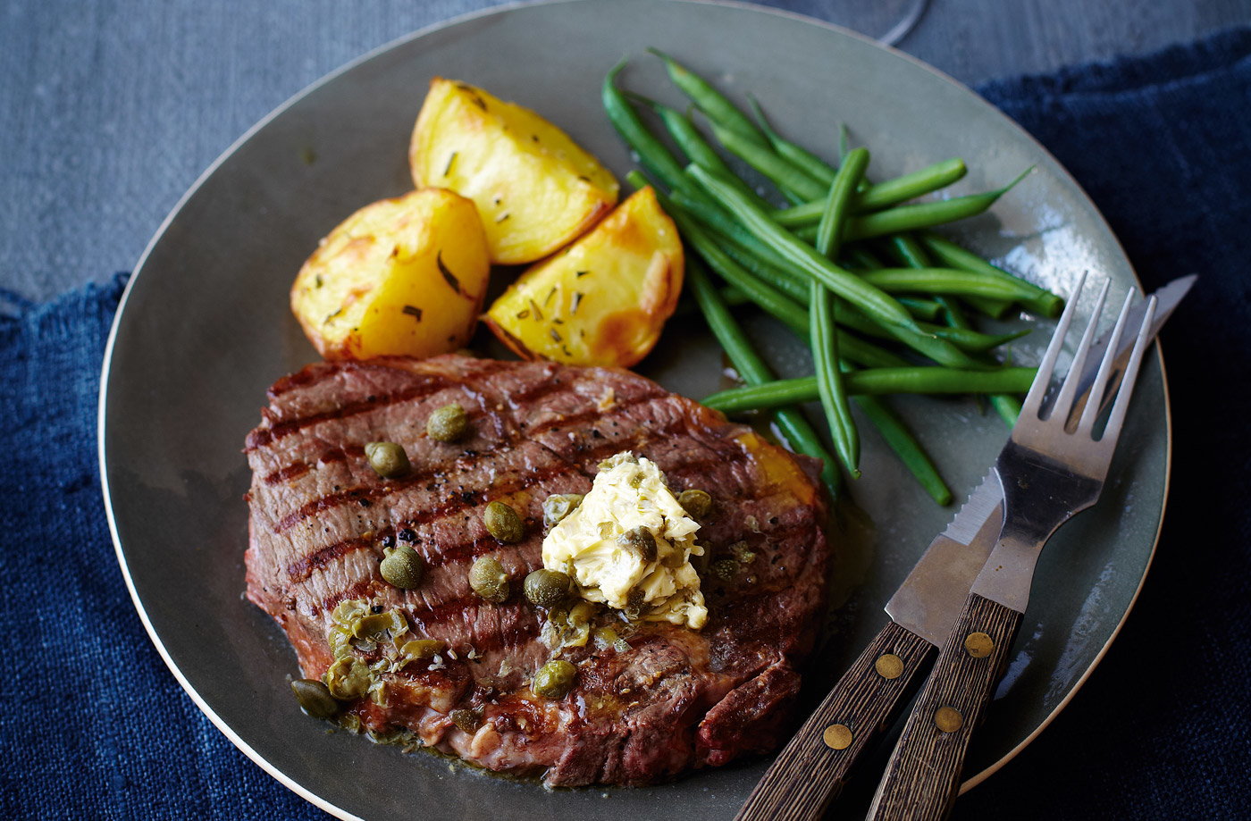 Tesco Finest griddled steak with caper butter, green beans and crisp potatoes