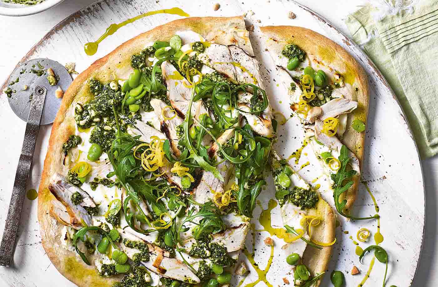 Griddled chicken, broad bean and rocket pizza