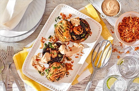 Image of "Portobello mushrooms with crispy onions and truffle mayo"