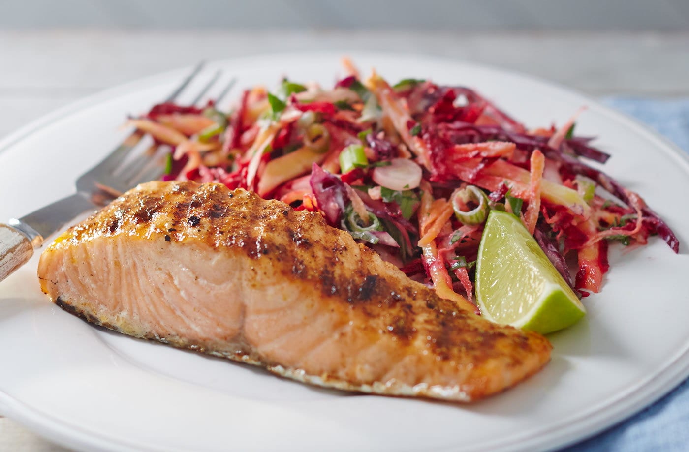 Jerk salmon with tangy mango slaw