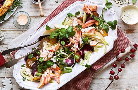 Image of "Roasted beetroot, fennel and apple salad with hot smoked salmon"
