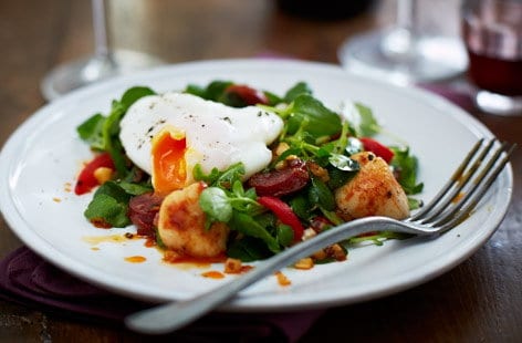 Warm paprika scallop and chorizo salad