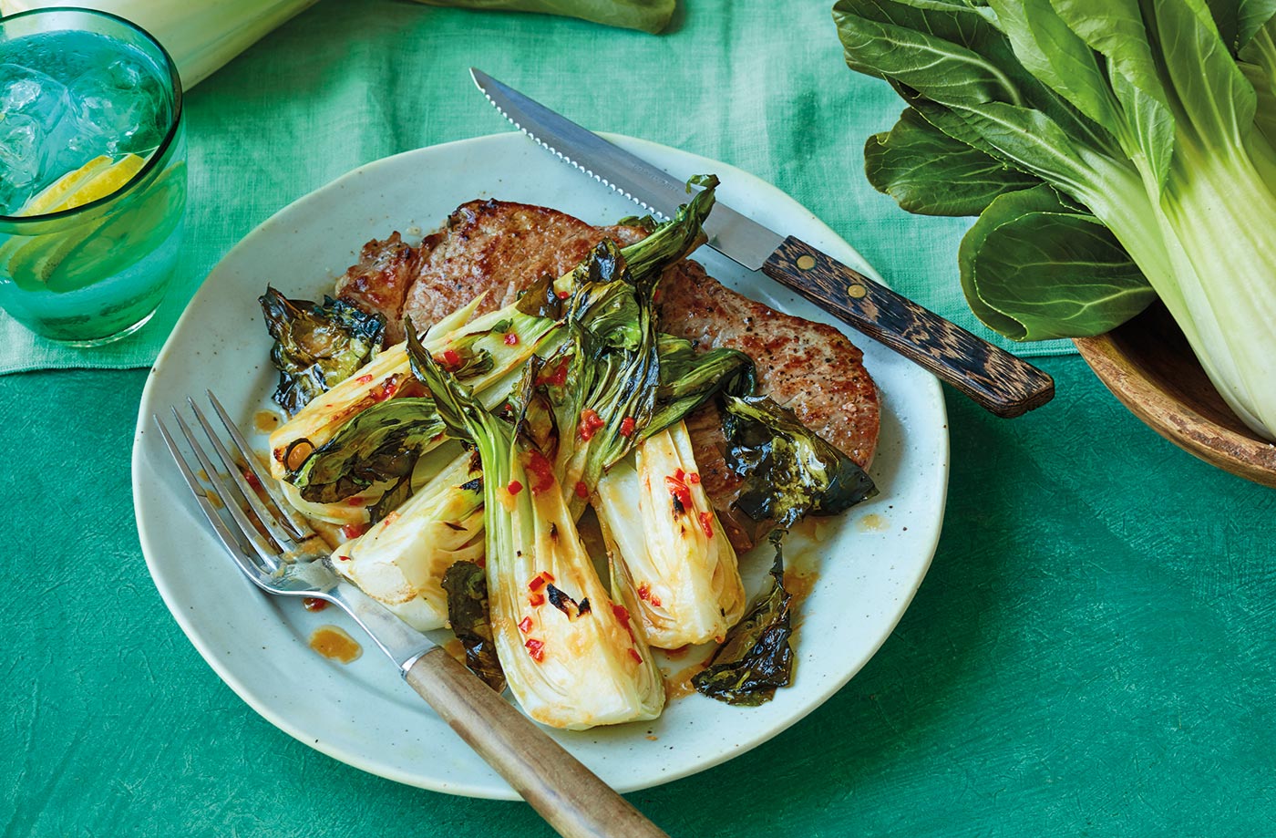 Steak with miso-roasted pak choi
