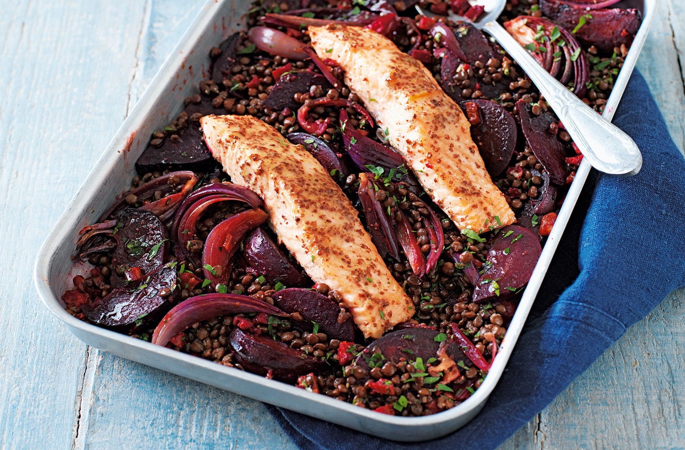 Orange-glazed salmon with beetroot, chorizo and lentils
