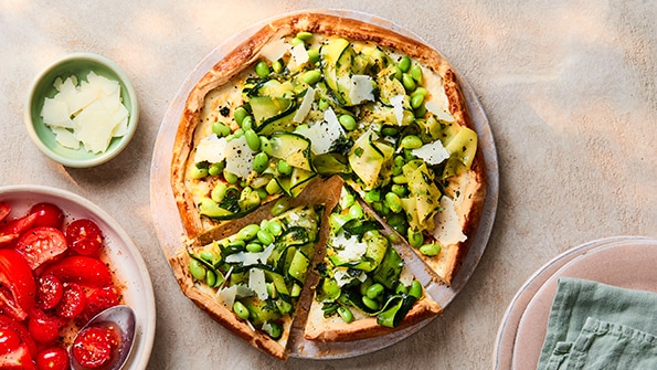 Courgette, soya bean and ricotta galette