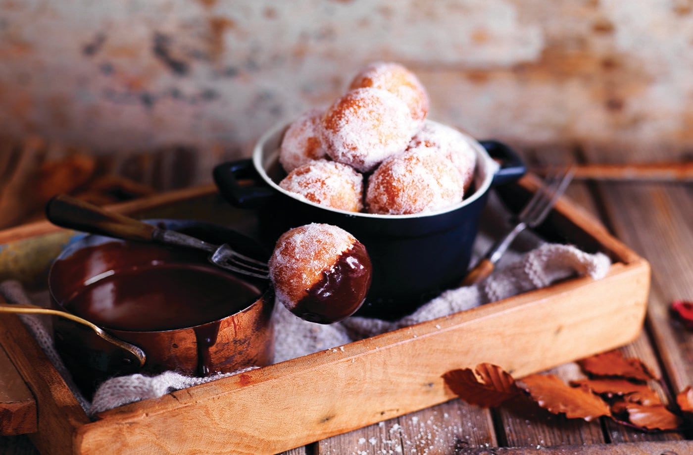 Mini doughnuts with hot chocolate dipping sauce
