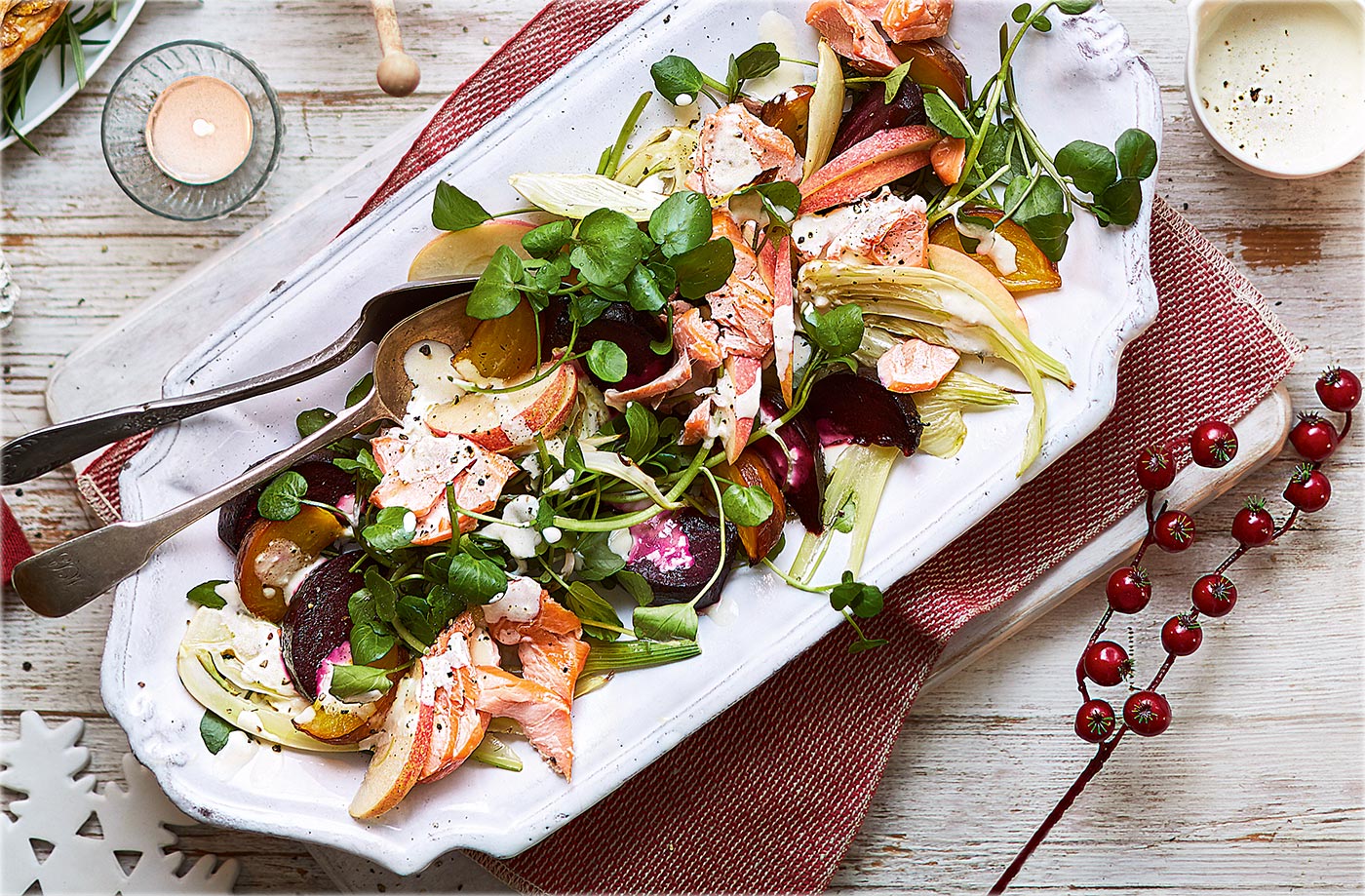 Roasted beetroot, fennel and apple salad with hot smoked salmon