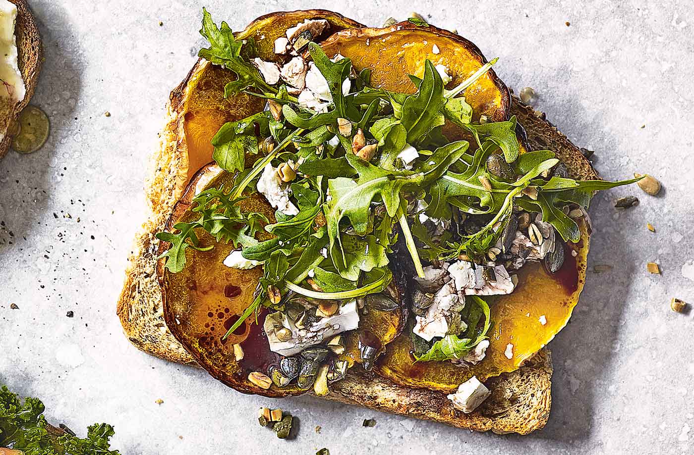 Roast butternut squash with rocket and seeds toast topper