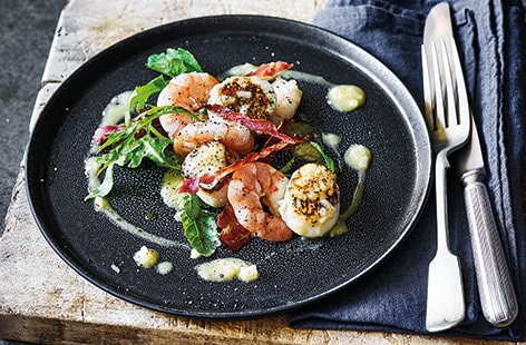 Image of "Scallops, prawns and pancetta with beurre blanc"