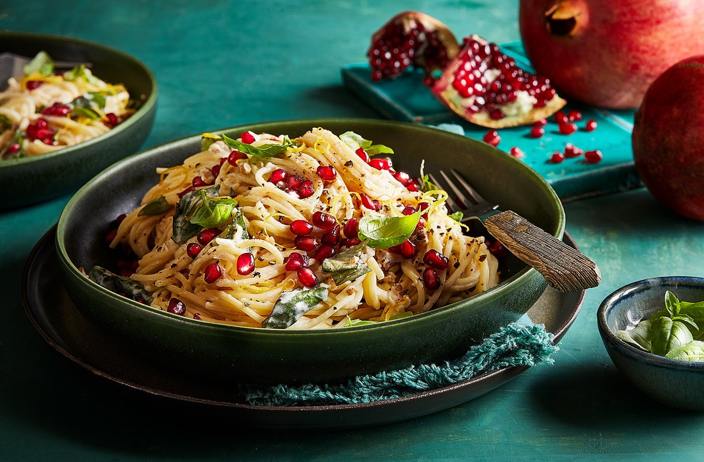 Pomegranate, ricotta and walnut spaghetti