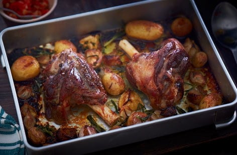 Image of "Baked lamb shank with romesco sauce"