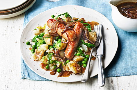 Image of "Bangers and smashed spring potatoes"