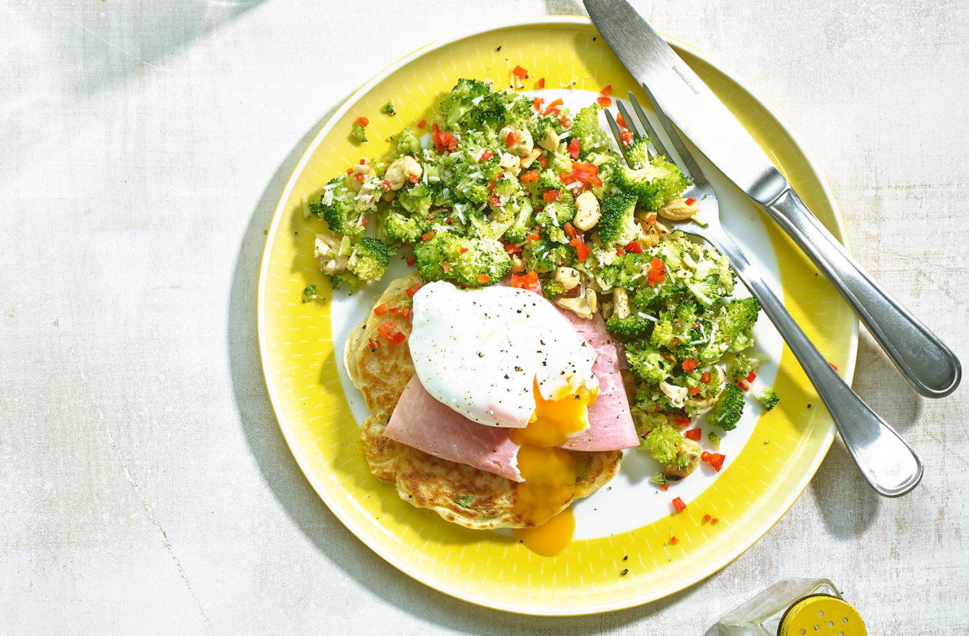 Broccoli fritters with ham, egg and broccoli chilli slaw