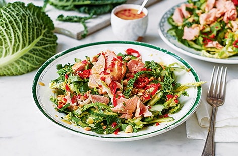 Image of "Cabbage, salmon and cucumber satay crunch salad"