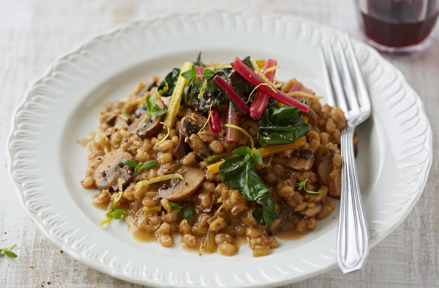 Porcini barley risotto with lemon chard